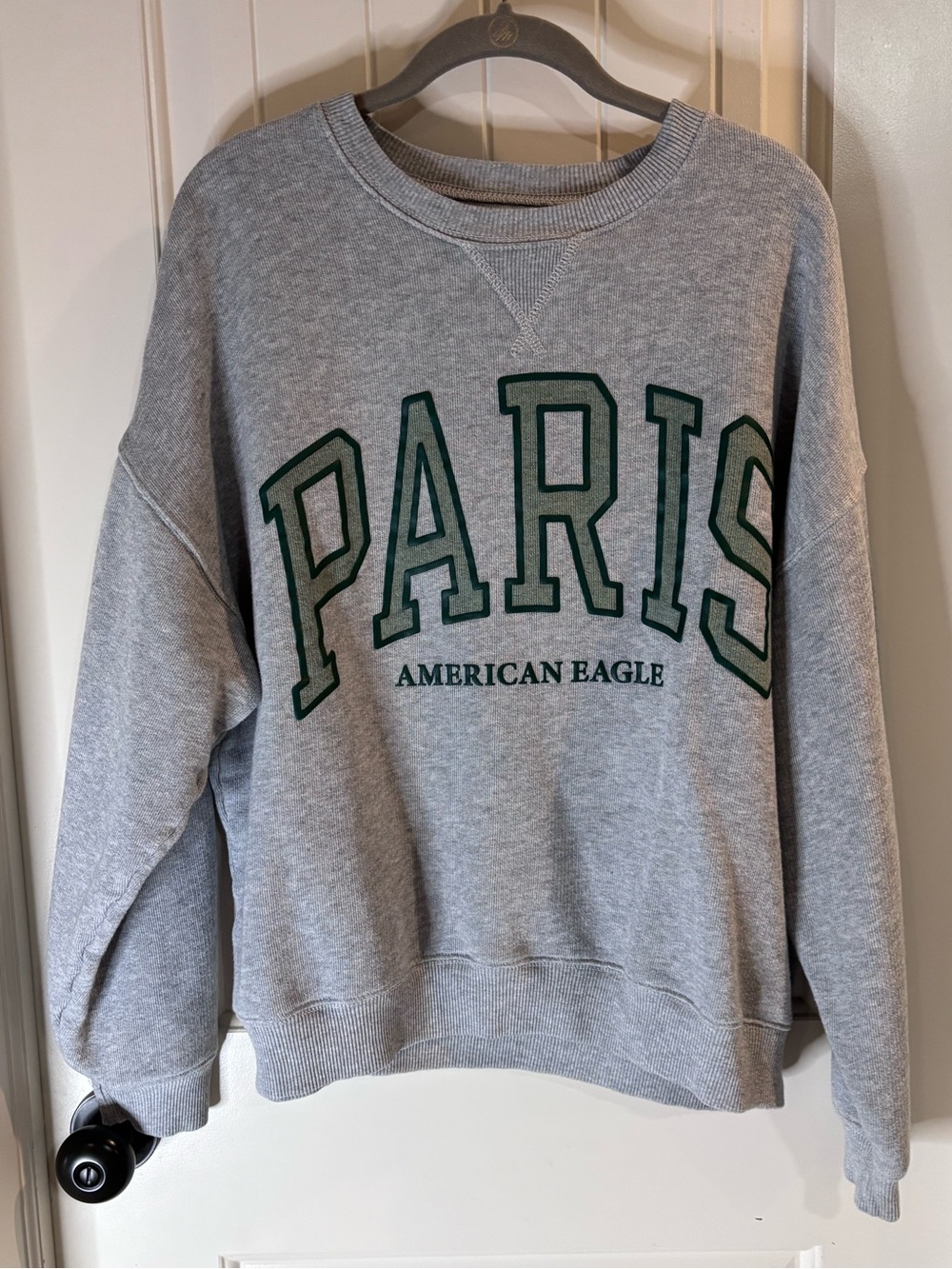 American Eagle Outfitters Gray Crewneck Sweatshirt with Green PARIS Graphic